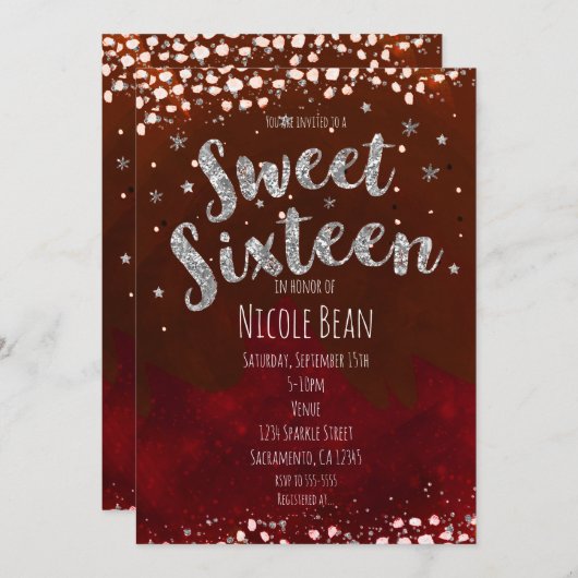Sweet 16 Red & Silver Starry Night Einladungen (Vorne/Hinten)