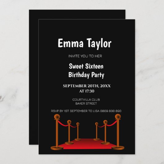 Sweet 16 Red Tepet Hollywood Confetti Geburtstag Einladung (Vorne/Hinten)