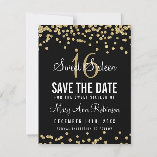 Sweet 16 "Rett Date" Gold Glitzer Confetti Black Save The Date (Vorderseite)