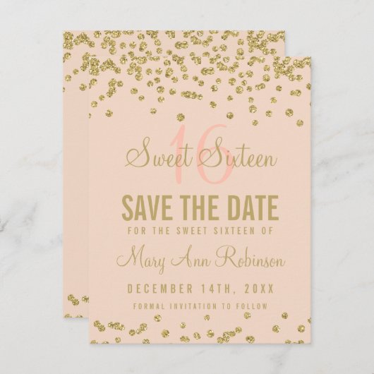 Sweet 16 "Rett Date" Gold Glitzer Confetti Blush Save The Date (Vorne/Hinten)