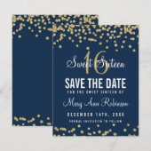 Sweet 16 "Rett Date" Gold Glitzer Confetti Navy Save The Date (Vorne/Hinten)