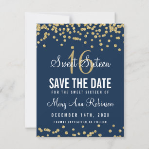 Sweet 16 "Rett Date" Gold Glitzer Confetti Navy Save The Date