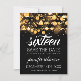 Sweet 16 Rett Date Gold Sparkling Lights & Stars Save The Date
