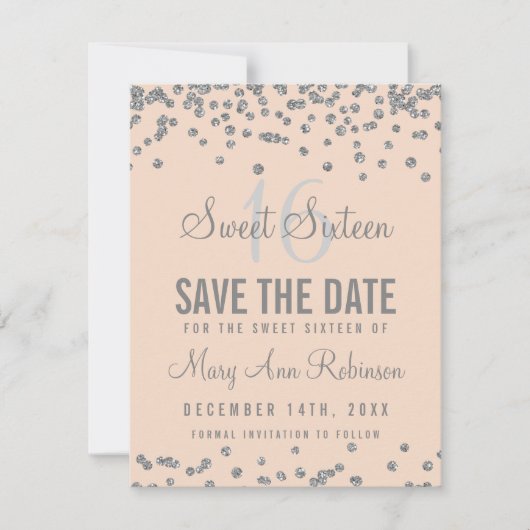 Sweet 16 "Rett Date" Silver Glitzer Confetti Blush Save The Date (Vorderseite)
