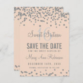 Sweet 16 "Rett Date" Silver Glitzer Confetti Blush Save The Date (Vorne/Hinten)