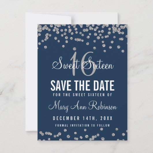 Sweet 16 Rett Date Silver Glitzer Confetti Navy Save The Date (Vorderseite)