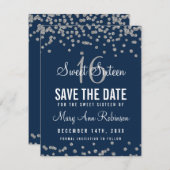 Sweet 16 Rett Date Silver Glitzer Confetti Navy Save The Date (Vorne/Hinten)