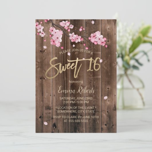 Sweet 16 Rosa Blumenkohl Blossom Barnholz Einladung (Stehend Vorderseite)