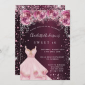 Sweet 16 rosa bordeauxfarbenes Kleid Glitzer mit B Einladung (Vorne/Hinten)