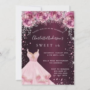 Sweet 16 rosa bordeauxfarbenes Kleid Glitzer mit B Einladung