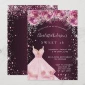Sweet 16 rosa bordeauxfarbenes Kleid Glitzer mit B Einladung (Vorne/Hinten)
