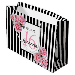 Sweet 16 rosa Florale Schwarz-weiße Streifen Große Geschenktüte