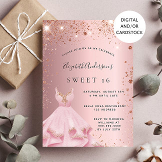 Sweet 16 Rosa-Funkelkleid mit Rosa Einladung