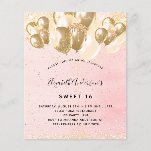 Sweet 16 Rosa Glitzer Rosa Ballons Budget Flyer (Vorne)
