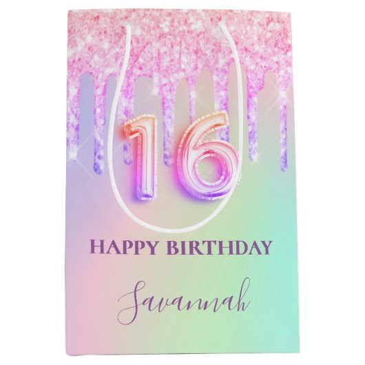 Sweet 16 rosa Glitzer Tropfen holografischer Name Mittlere Geschenktüte (Vorderseite)