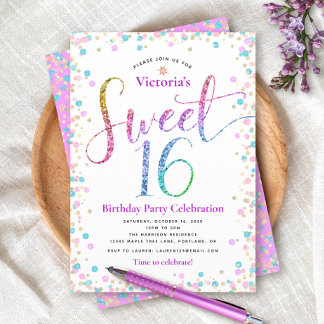 Sweet 16 Rosa Gold Blau Glitzer Punkte Geburtstag Einladung