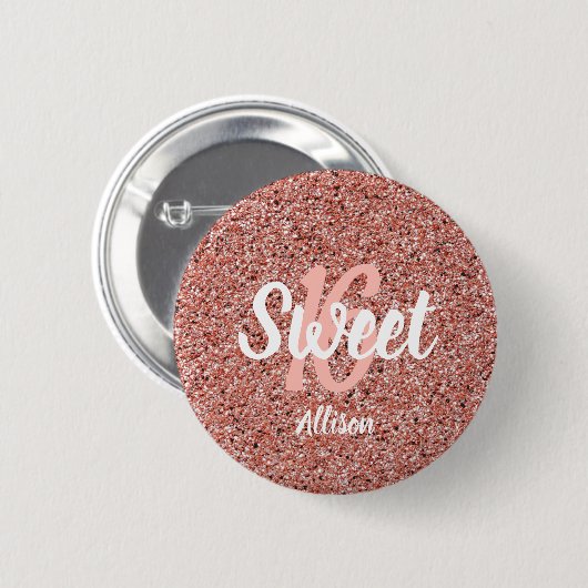 Sweet 16 Rosa Rose Gold Glitzer Personalisiert Button (Vorne & Hinten)