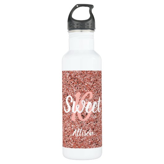 Sweet 16 Rosa Rose Gold Glitzer Personalisiert Edelstahlflasche (Vorderseite)