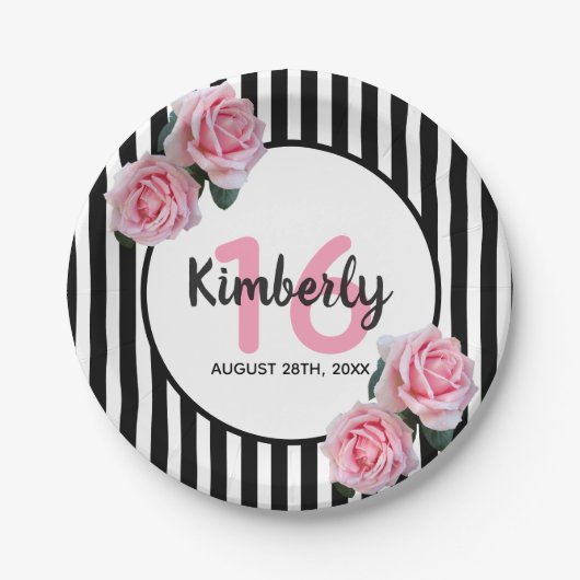 Sweet 16 rosa schwarze Streifen Pappteller (Vorderseite)
