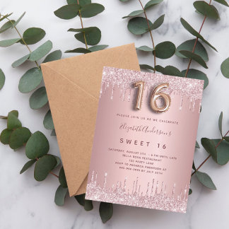Sweet 16 rosa staubige Rose Glitzer 16. Geburtstag Einladungspostkarte