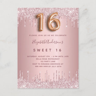 Sweet 16 rosa staubige Rose Glitzer 16. Geburtstag Einladungspostkarte
