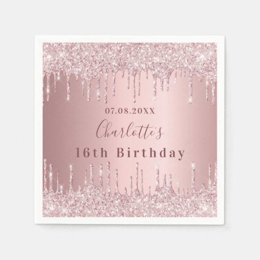 Sweet 16 rosa staubige Rose Glitzer Tropfen Name Serviette (Vorderseite)