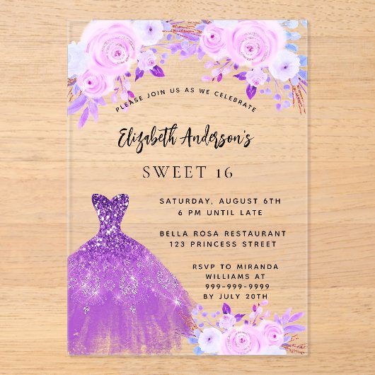 Sweet 16 rosa violette Blumen kleiden klar Acryleinladungen (Vorderseite)