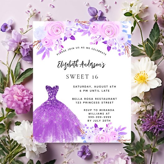 Sweet 16 rosa violette Blumen Kleidung Einladung
