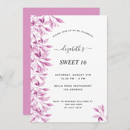 Sweet 16 rosa weiße Blume elegant Einladung (Vorne/Hinten)