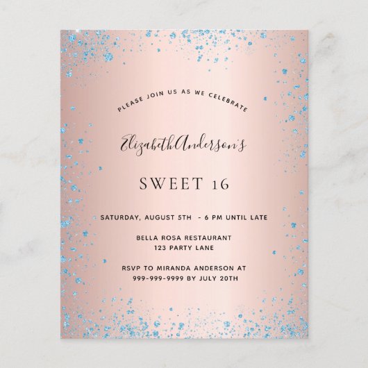 Sweet 16 Rose gold-blau Glitzer Haushaltsausschrei Flyer (Vorne)