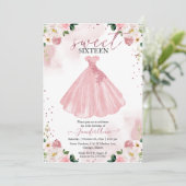 Sweet 16 Rose Gold Blush Aquarell Blume Kleid Einladung (Stehend Vorderseite)