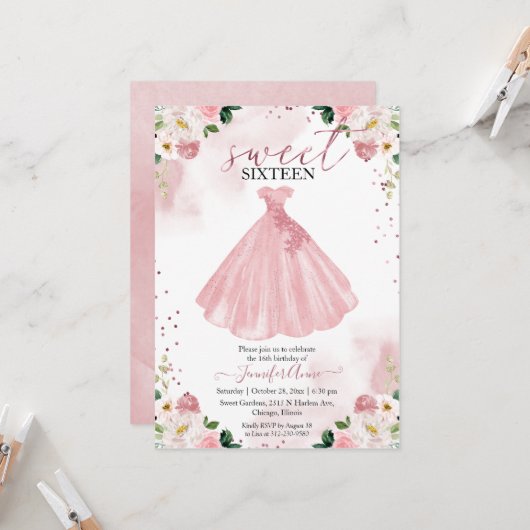 Sweet 16 Rose Gold Blush Aquarell Blume Kleid Einladung (Vorderseite/Rückseite Beispiel)