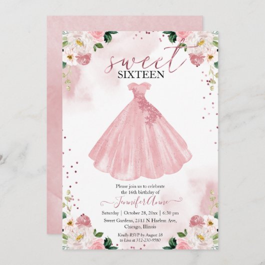 Sweet 16 Rose Gold Blush Aquarell Blume Kleid Einladung (Vorne/Hinten)
