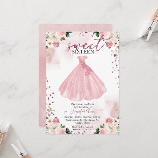 Sweet 16 Rose Gold Blush Aquarell Blume Kleid Einladung