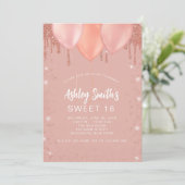 Sweet 16 Rose Gold Blush Glitzer Balloons Einladung (Stehend Vorderseite)