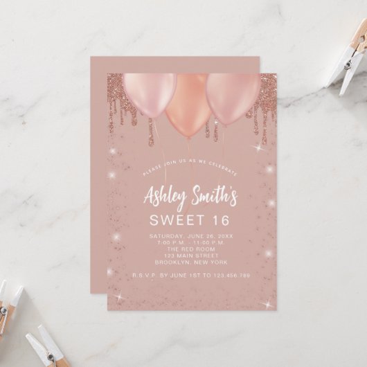 Sweet 16 Rose Gold Blush Glitzer Balloons Einladung (Vorderseite/Rückseite Beispiel)