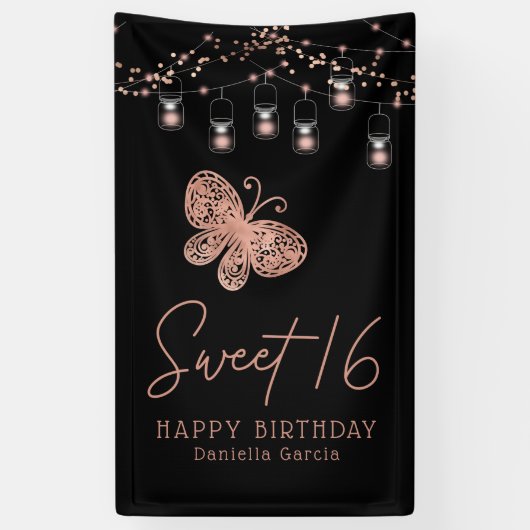 Sweet 16 Rose Gold Butterfly Chic Modern Geburtsta Banner (Vertikal)