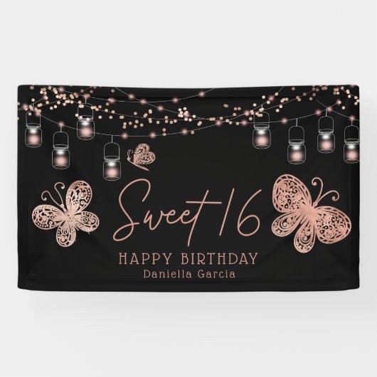 Sweet 16 Rose Gold Butterfly Chic Modern Geburtsta Banner (Horizontal)
