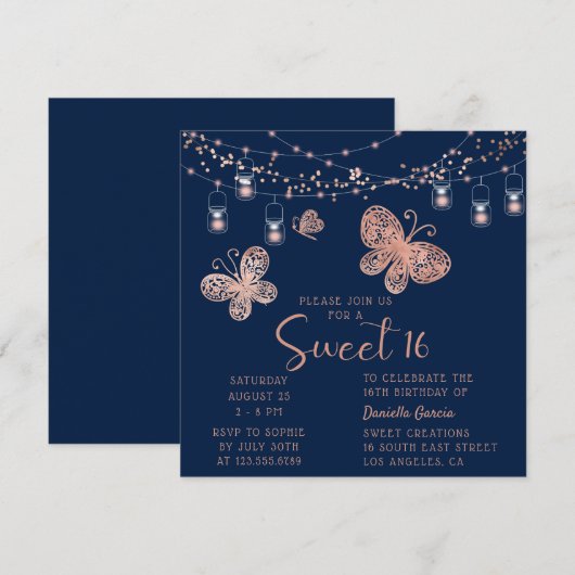 Sweet 16 Rose Gold Butterfly Chic Modern Geburtsta Einladung (Vorne/Hinten)