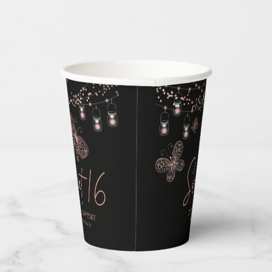 Sweet 16 Rose Gold Butterfly Chic Modern Geburtsta Pappbecher (Rechts)