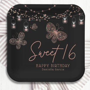 Sweet 16 Rose Gold Butterfly Chic Modern Geburtsta Pappteller