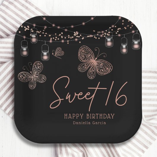 Sweet 16 Rose Gold Butterfly Chic Modern Geburtsta Pappteller