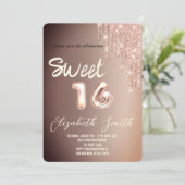 Sweet 16 Rose gold Erröten Glitzer Einladung (Stehend Vorderseite)