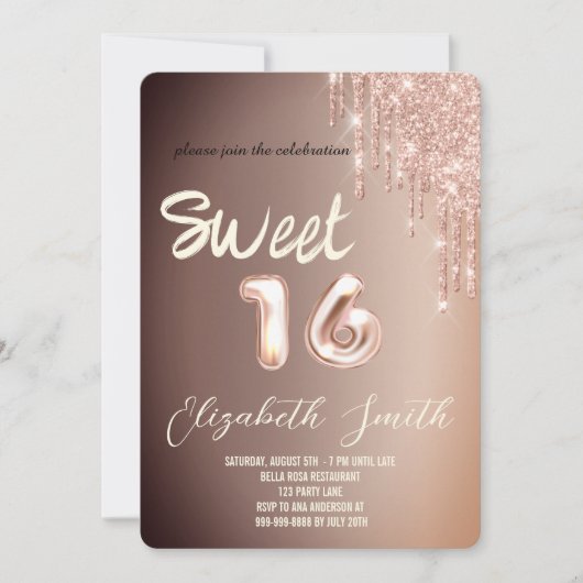 Sweet 16 Rose gold Erröten Glitzer Einladung (Vorderseite)