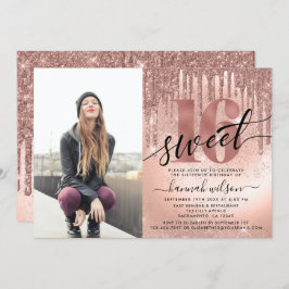 Sweet 16 Rose Gold Foil & Glitzer Foto Einladung