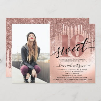 Sweet 16 Rose Gold Foil & Glitzer Foto Einladung