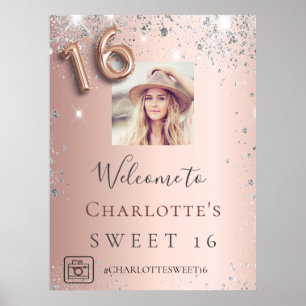 Sweet 16 Rose Gold Foto Silber Glitzer willkommen Poster