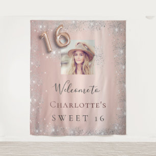 Sweet 16 Rose Gold Foto Silber Glitzer willkommen Wandteppich