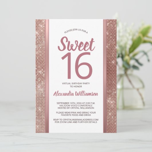 Sweet 16 Rose Gold Glam Chic Virtual 16. Geburtsta Einladung (Stehend Vorderseite)
