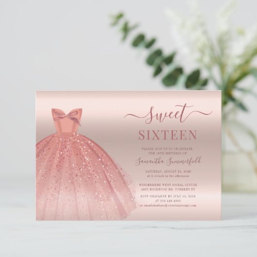 Sweet 16 Rose Gold Glam Script Sechzehnten Geburts Einladung (Stehend Vorderseite)